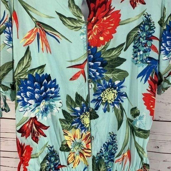 Umgee Woman's Teal Tropical Floral Printed Crossover Romper Short Size Small - Picture 4 of 8